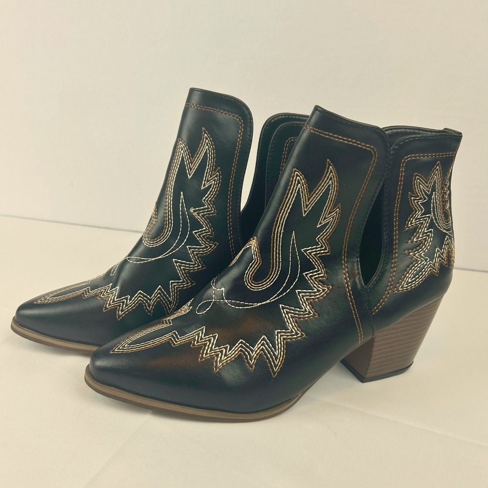 Womens Black Western Ankle Boots Contrast Stitch Pointed Toe Cut Out Booties 6
